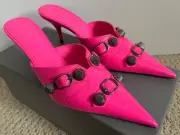 NIB Balenciaga Cagole Neon Pink Studded Buckle Pointed Toe Mule Pumps 37.5 $1150