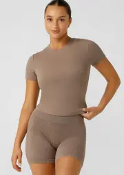 [Lorna Jane] Weekender Rib Short Sleeve Top in Neutrals, Size - XS XS Bone