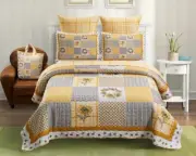 Farmhouse Sunflower Country Patchwork Floral Printed Queen Quilt Set W/ Tote Bag