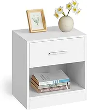 VASAGLE Bedside Table with Drawer Handle Open Compartment Coffee Table Bedroom Living Room Classic White LET619T14