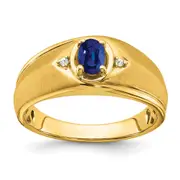 Solid 14k Yellow Gold Oval Simulated Sapphire and CZ Mens Ring