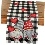 Watercolor Buffalo Plaid Hearts Gnomes Love 13" x 72", Table Runner Black