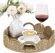 Livofloral Scalloped Edge Round Wicker Tray, Handwoven Rattan Tray with Built-in Handles, Decorative Scalloped Basket Tray for Coffee Table, Seagrass Wicker Baskets for Ottoman, Natural (Seagrass)