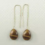 14kt Yellow Gold Threader Chain; Raindrop Brown Tiger Eye Dangle Earrings TPJ