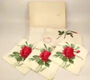 1950's Linen Yorflax York Street Red Roses 72x52" Table Cloth & 3 Napkins NOS