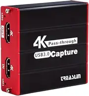 TreasLin HDMI Video Capture Card, 4K Input and Pass-Through 1080P 60FPS Capture Device Work with Xbox PS4 Switch for OBS Twitch Game Live Streaming and Recording HSV320
