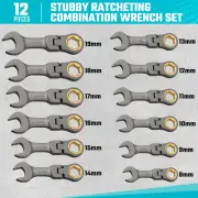 12 Piece Anti-Slip Flex-Head Ratcheting Stubby Combination Wrench Set Metric