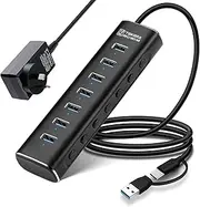 Powered USB Hub, TEKERA 7 Ports USB 3.1/3.2 Gen 2 Hub 10Gbps with 3.3ft USB-A/USB-C Data Cable, Individual Switches and 24W Power Adapter, Aluminum USB C Hub for Laptop and PC, TKA2188