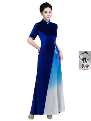 藍色走秀旗袍2023春季絲絨新款氣質旗袍端莊大氣優雅舞臺演出禮服正品 促銷