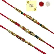 [DMS RETAIL] RUDRAKSH Rakhi With Roli Chawal/Rakhi For Brother/Rakshabandhan Rakhi/Rudraksh Rakhi/PearL Rakhi/Divine Rakhi/Rakhi Designs/Rakhi for Men/Boys/Kids Set Of 3, large, Fabric