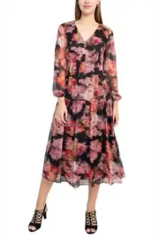 Adrianna Papell V-Neck Long Sleeve Floral Print Empire Waist Tiered Chiffon