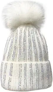 [Lifenanny] Womens Knitted Beanie Hat with Faux Fur Pompom, Winter Soft Warm Bling Rhinestone Ski Hat Skull Cap
