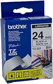 Brother Genuine TZe-251 Laminated Tape, Black on White, 24mm x 8m
