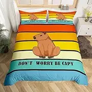 Cute Capybara Bedding Set for Boys Girls Kids, Funny Animal Comforter Cover Rainbow Aesthetic Geometric Stripes Duvet Cover Cartoon Kawaii Pet Quilt Cover with Zipper Closure & Corner Ties, Single