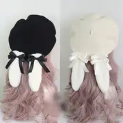 Fluffy Rabbit Ear Beret White Ear - Wine Red - One Size
