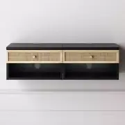 Nathan James Floating Bedroom Nightstand 16" Wall Mounted Black/Rattan, Set of 2