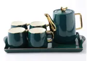 Tea Cup Teapot Set with Tray, Emerald Ceramic Teapot Coffee Cups Set Christmas