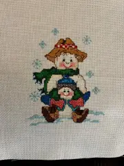 COMPLETED FINISHED CROSS STITCH TWO SNOWMEN