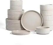 [Stone Lain] Haven Stoneware 24-Piece Dinnerware Set, Beige Plates and Bowls Sets for 8, Elegant Dish Set, Includes Dinner Plates, Salad Plates Cereal Bowls, Microwave & Dishwasher Safe