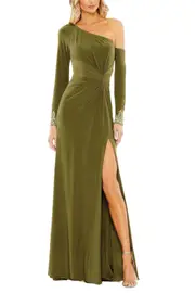 [MAC DUGGAL] SPLENDID ONE-SHOULDER DIAGONAL NECKLINE A-LINE DRESS US 12 GREEN