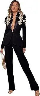 [Zadaos] Women's Suit Sets 3D Flower Rhinestones Beaded Blazer Wide Leg Stand Collar Split Pants Set
