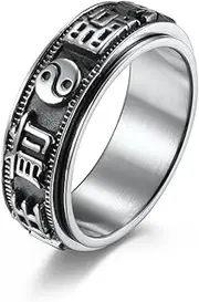 RIUKIU Taoist Eight Trigrams and Nine Words Turnable Ring, Fashionable Stainless Steel Men's and Women's Rings,Silver,10