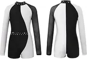 iEFiEL Kids Girls Mesh Long Sleeve Dance Leotards Zipper Closure Back Unitard Contrast Color Athletic Jumpsuit