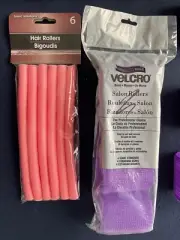 NIP Bigoudis 6 Foam Hair Rollers 7 Inches, NIP Velcro 4 Hair Rollers