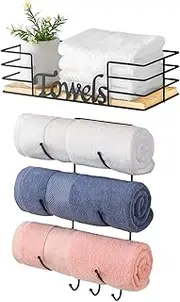 Towel Racks for Bathroom Wall Mounted, 3 Tiers Metal Rolled Towel Holder with Top Shelf, Bath Hanging Towels Storage Shelves, Holds Bath-Towels, Bathrobe, Washcloths, Linens, Hand-Towels, Black