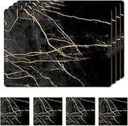 Moderry Set of 4 Heat Resistant Cork Placemats for Dining Table with Free Set of 4 Matching Drink Coasters Marble Design 16 x 12 Inches Cork Backed Hard Placemats (Black & Gold)