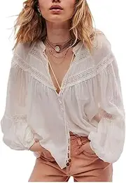 [Yiulangde] Women Lace Tie Front Top Y2k Coquette Long Sleeve Button Up Chiffon Cardigan Flowy Boho Peplum Shirt Going Out Tops