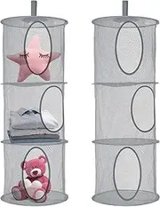 Mesh Hanging Storage Space Saver, 2Pcs Hanging Mesh Space Saver Bags Organizer 3 Compartments Toy Storage Basket,Foldable Hanging Storage Organizer Net Bag,3-Layer Hanging Net Mesh Storage Basket Bag