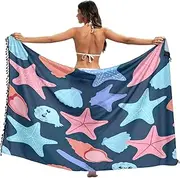 [RPLIFE] Cute Starfish Shells Blue Swimsuit Sarong Cover Up Fringe Sarong Beach Coverups Women, Large, Cute Starfish Shells Blue, Large
