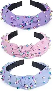 3PCS Knotted Headbands for Women, Pearl Headbands Colorful Jeweled Faux Pearl Cross Knot Hairband Turban Headband Hair Accessories (Purple+Pink+Blue, One size)