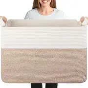 Uandhome Large Rectangle Blanket Basket,Storage Basket for Organizing,Woven Nursery Cotton Rope Baskets for Storage,Baby Organizing Baskets,Cotton Rope Baskets for Storage (Medium White brown)