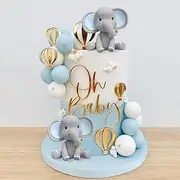 Elephant Cake Decoration With Oh Baby Cake Topper, Blue White Pearl Balls, Hot Air Balloon for Baby Shower Boy Theme Birthday Party Supplies (Blue)