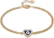 [HZMAN] 14K Rose Gold Plated Evil Eye Bracelet for Women Girls Love Heart Mal De Ojo Turkish Eye Beads Luck Protection Bracelet Adjustable Cuban Chain Link Bracelets