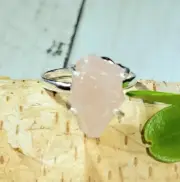 Natural Raw Rose Quartz Rough Cut .925 Sterling Silver Ring Size 8 5gr CB36