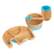 4pc Tiny Dining Blue Elephant Bamboo Baby Feeding Set Weaning Plate Bowl Spoon