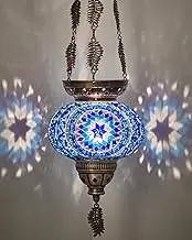 DEMMEX Turkish Moroccan Colorful Mosaic Bohemian Boho Hanging Candle Holder Lantern with Handmade Colorful Glass Globe and Metal Leaf Chains, 24" (Ocean Breeze)