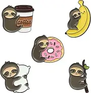 [Apol] 5 PCS Sloth Brooch Pin Set,Cute Animal Enamel Brooch Pin Cartoon Sloth with Coffee Banana Backpacks Badges Breastpin Lapel Pins for Girl Boys Clothes School Bag Accessories Badges Birthday Party Gift
