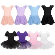 Kid Girl Ballet Dance Leotard Dress Short Sleeve Tutu Skirt Ballerina Dancewear