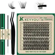 Lash Extension Kit 120pcs Lash Clusters Lash Bond and Seal Eyelash Extension Kit KEYYOU D Curl 8-18MIX Soft Natural Fluffy Lashes with Lash Applicator for DIY at Home(Kit-DV02-8-18MIX)