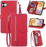 [JayModCase] Zipper Wallet Case Compatible with Samsung Galaxy A04S / A04, PU Leather Flip Case, with Wristlet Magnetic Closure Kickstand TPU Shockproof Cover for Galaxy A04S / A04 - Red