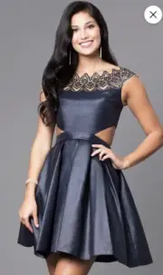 Sherri Hill 4 Navy Blue Short Open Back Dress Scalloped Neckline 9756 Prom Party