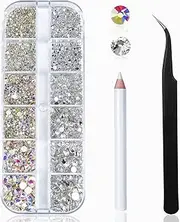 HUETFAT Nail Art Rhinestones Kit 2400pcs Nail Gems Ab Flatback Rhinestones Gems Stones, with Storage Organizer Box/Wax Pencil/Tweezers 6 Sizes (1.5-4.5 mm) for Nail Art Craft (2400pcs)