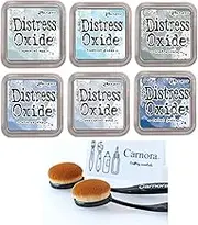 Tim Holtz Ranger Distress Oxide Ink, 6 Shades of Blue/Light Gray, Speckled Egg, Tumbled Glass, Iced Spruce, Stormy Sky, Weathered Wood, Faded Jeans, 6 Inks, 2 Carnora Ink Blending Brushes, 8 Items