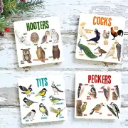 Set Of 4 Bird Pun Cup Mats Bird Pun Cup Mats For Drinks Square Set For Cups