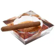 Tobacco Leaf Print Crystal Cigar Ashtray, For 4 Cigars, 3D Leaf Design