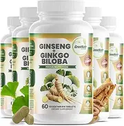 Panax Ginseng + Ginkgo Biloba Tablets - Premium Non-GMO/Veggie Superfood - Traditional Energy Booster and Brain Sharpener - Unique Twin Supplement Combines Ginseng and Ginkgo Biloba (6 Pack)